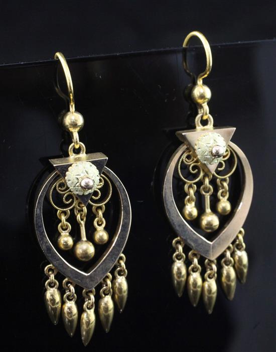 A pair of Victorian two colour gold drop earrings, overall 1.75in.